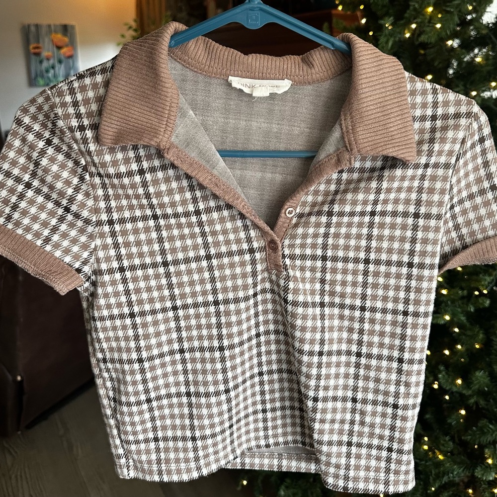 Pink Rose Brown and White Plaid Crop Top